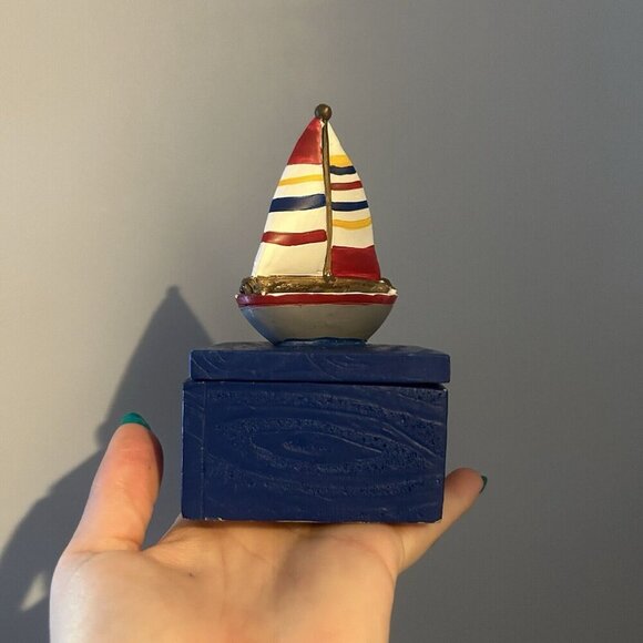 Lighthouse Small Trinket Jewelry Box Sailboat Coastal Beachy Nautical Blue Red - Picture 2 of 10